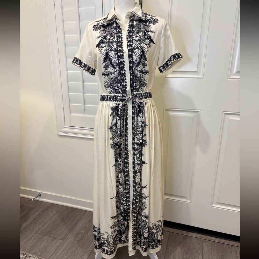 Max Studio London linen Shirt Maxi Dress cream w/floral print Small